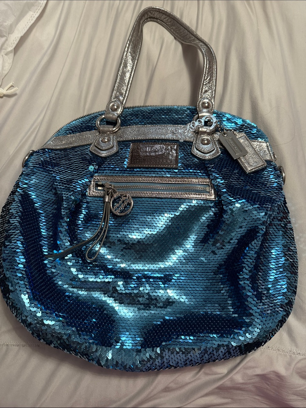 Coach Blue Sequin Crossbody Tote with Silver Accents Never used